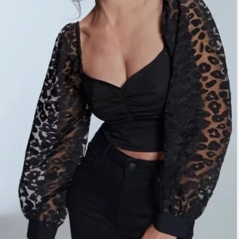 Zara Cropped Leopard Puff Sleeve Top